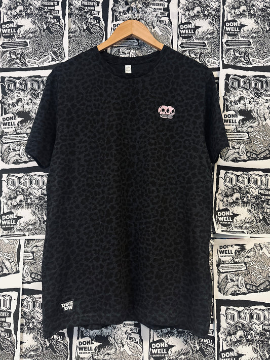 Black leopard print t-shirt with double skull embroidered logo on left chest